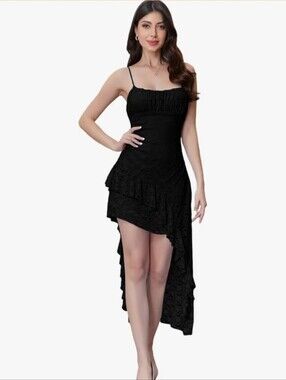 Elegant Black Lace Asymmetric Slip Dress